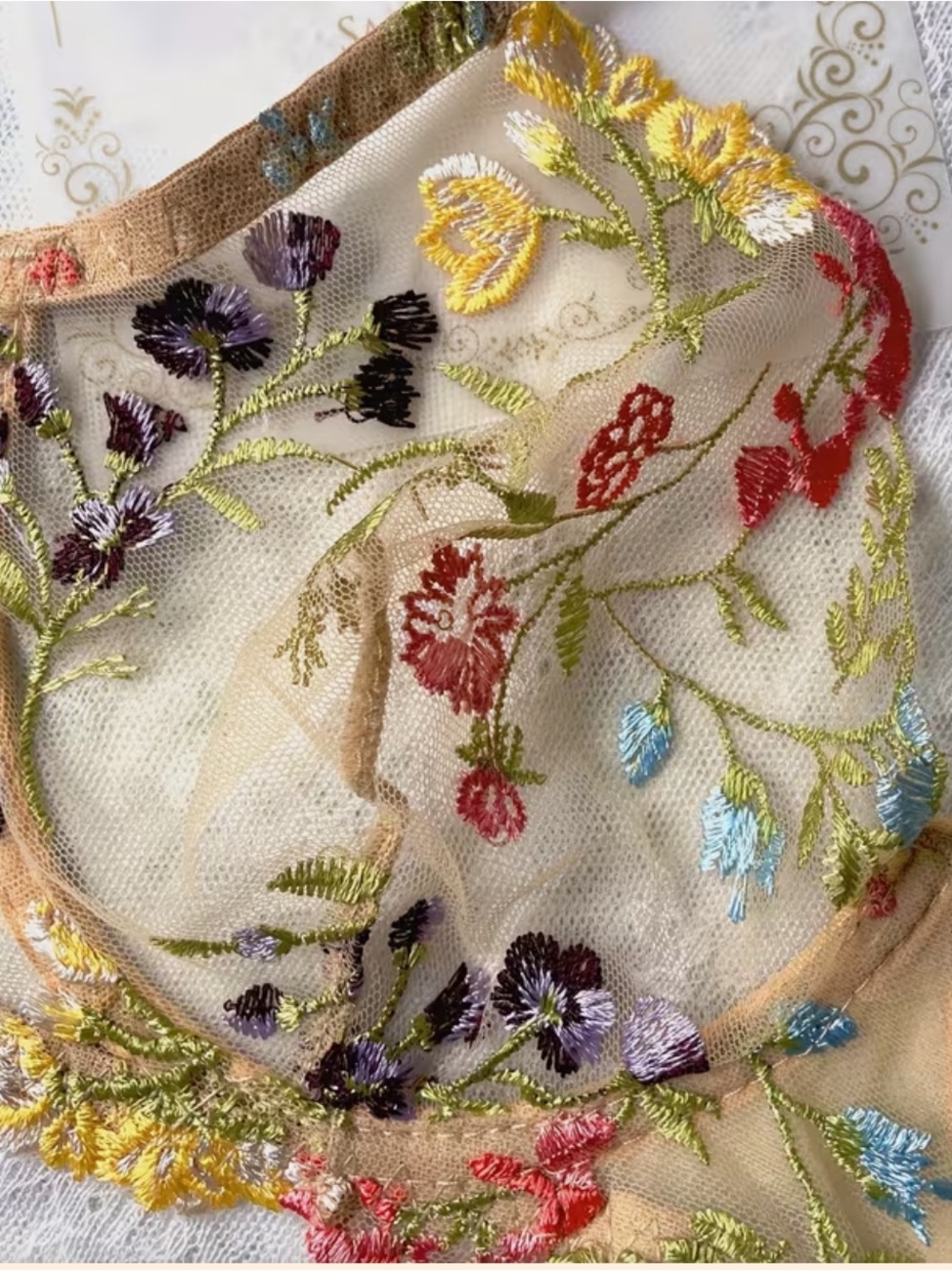Sheer Floral Embroidered Bralette & Thong Set - Beige/Yellow, Size Medium, NWT - Picture 3 of 7